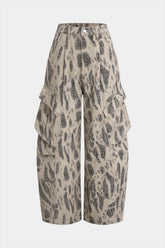 "Denim Leopard Print Pleated Zipper Wide Leg Jeans"