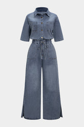 "Denim Button Drawstring Pocket Short-Sleeve Jumpsuit"