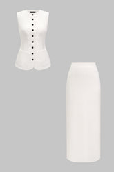 "Button Round Neck Tank Top And Solid Skirt Set"