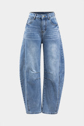 "Denim Buton Pocket Wide Leg Barrel Jeans"