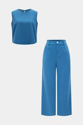 "Basic Solid Sleeveless Top And Straight Leg Pants Set"
