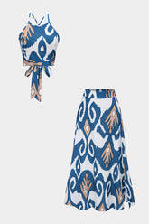 "Abstract Print Satin Crossed Tie Back Cami Top And Skirt Set"