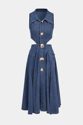 "Denim Button Cut Out Midi Dress"