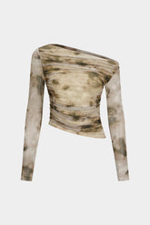 "Abstract Print Mesh Off Shoulder Ruched Asymmetrical Long-Sleeve Top"