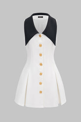 "Contrast Lapel V-neck Metallic Sleeveless Mini Dress"