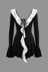 "Contrast Ruffle Neck Tie Front Bell Sleeve Mini Dress"