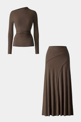 "Asymmetrical Neck Long-Sleeve Top And Stitching Detail Skirt Set"