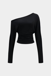 "Cut Out Asymmetrical Neck Ruched Long-Sleeve Top"
