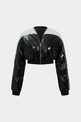 "Denim Faux Leather Ruched Zipper Patchwork Padded Long Sleeve Jacket"
