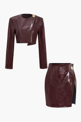 "Asymmetrical Faux Leather Skirt Set"