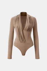 "Asymmetrical Ruched Corset Zipper Long-Sleeve Bodysuit"