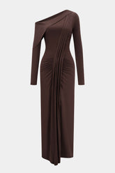 "Asymmetrical Neck Ruched Long-Sleeve Maxi Dress"
