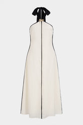 "Contrast Trim Linen Halter Neck Tie Back Metallic Sleeveless Maxi Dress"