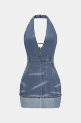 "Denim Backless Washed Zipper Halter Mini Dress"