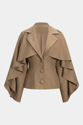 "Button Ruffle Ruched Notched Lapel Jacket"