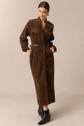 "Corduroy Notched Lapel Button Pocket Belted Long Sleeve Midi Dress"
