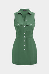 "Button Pocket Sleeveless Mini Dress"