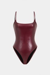 "Basic Solid Faux Leather Sleeveless Bodysuit"