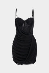 "Chiffon Patchwork Lace Corset Asymmetrical Ruched Sleeveless Mini Dress"