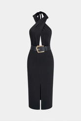 "Crossed Halter Neck Belted Cut Out Sleeveless Midi Dress"