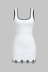 "Contrast Embroidery Pearls Sleeveless Mini Dress"