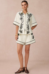 "Contrast Flower Applique Short Sleeve Shirt And Belted Shorts Set"