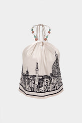 "Artistic Print Satin Halter Neck Backless Tie-Up Beaded Top"
