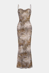 "Abstract Print Patchwork Lace Trim Bustier Sleeveless Maxi Dress"
