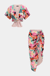 "Abstract Print V-Neck Tie-Up Short Sleeves Top And Asymmetrical Drawstring Ruched Skirt Set"