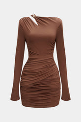 "Asymmetrical Neck Ruched Long Sleeve Mini Dress"