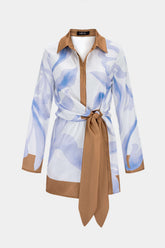 "Contrast Leaves Print Satin Tie Front Long Sleeve Mini Dress"