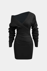 "Asymmetric Faux Leather V-neck Gathered Mini Dress"