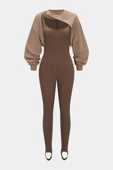 "Contrast Round Neck Asymmetrical Long Sleeve Jumpsuit"