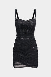"Asymmetrical Ruched Mesh Sleeveless Mini Dress"