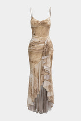 "Abstract Print Asymmetrical Ruched Ruffle Hem Slip Sleeveless Maxi Dress"