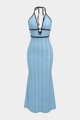 "Contrast Halter Neck Tie-Up Cut Out Backless Maxi Dress"