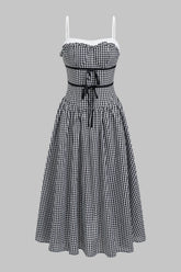"Contrast Plaid Print Tie Front Sleeveless Midi Dress"
