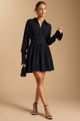 "Button Ruched Long Sleeve Mini Dress"