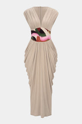 "Abstract Print V-Neck Ruched Zipper Sleeveless Maxi Dress"