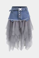 "Denim Mesh Patchwork Belted Button Pocket Skirt"