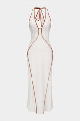 "Contrast Binding Halter V-Neck Sleeveless Midi Dress"