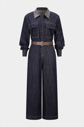 "Denim Faux Leather Patchwork Belted Long-Sleeve Jumpsuit"