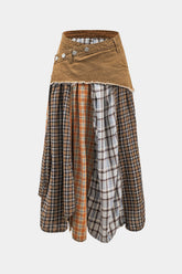 "Color Block Plaid Print Denim Patchwork Asymmetrical Skirt"