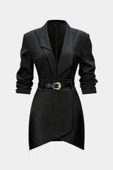 "Asymmetrical Notched Lapel Belted Long Sleeve Mini Dress"