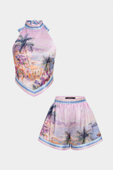 "Artistic Floral Print Halter Neck Tie-Up Top And Shorts Set"
