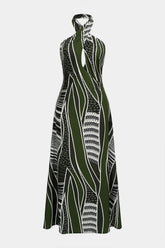 "Abstract Print Halter Neck Cut Out Maxi Dress"