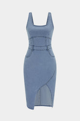 "Denim Asymmetrical Slit Backless Slip Sleeveless Midi Dress"