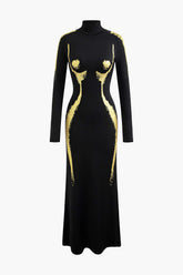 "Body Print Turtle Neck Long Sleeve Maxi Dress"