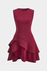"Asymmetrical Round Neck Ruffle Hem Sleeveless Mini Dress"