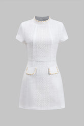 "Bead Fake Pocket Zippper Short Sleeve Mini Dress"